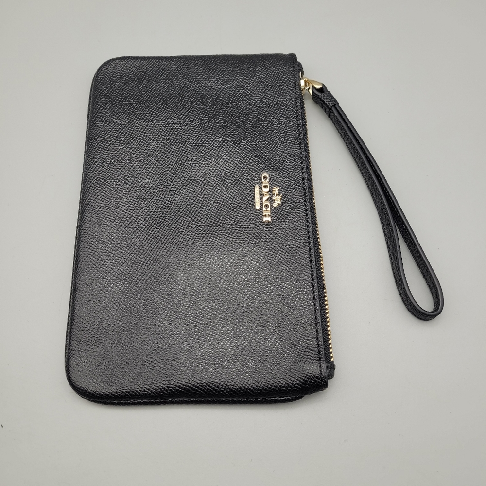 COACH LEATHER WRISTLET Midnight Black Crossgrain Leather #F57465 NEW